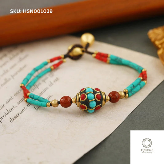 Boho Red and Turquoise Beaded Bracelet with Gold