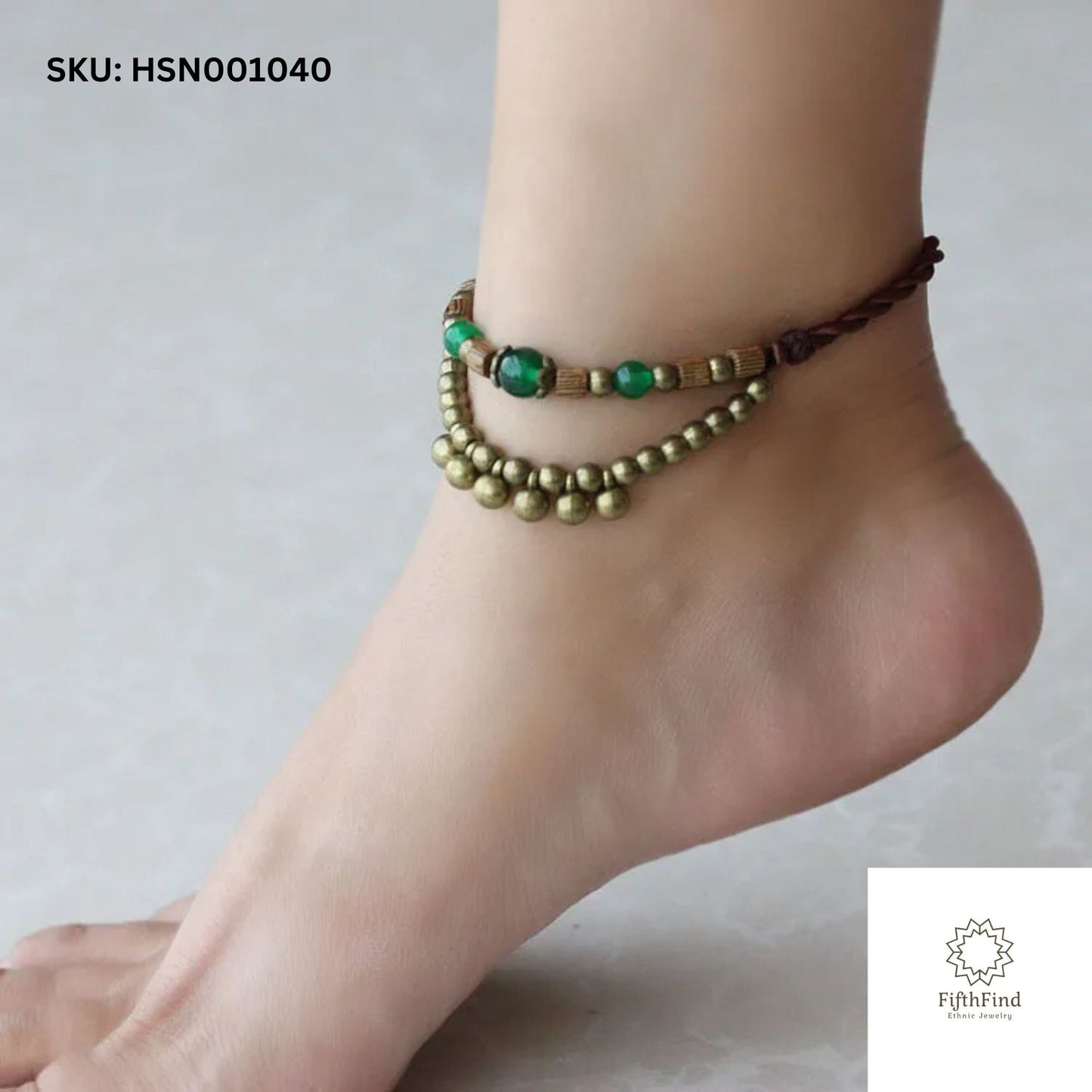 Boho Green Beaded Layered Anklet with Brass Accents