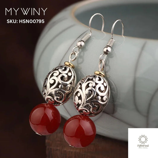 Silver Filigree Earrings with Red Gemstone Accents