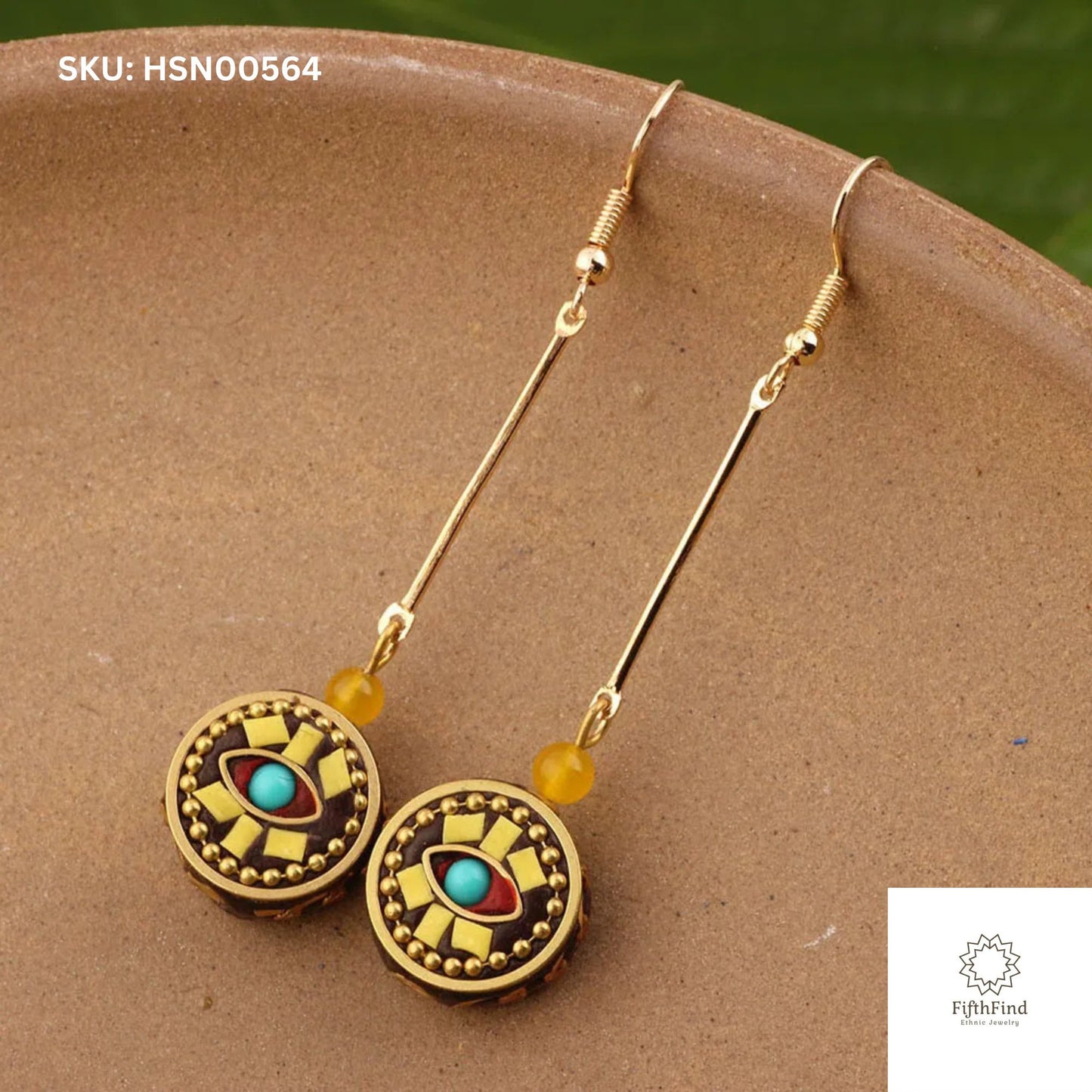 Gold Mosaic Drop Earrings with Turquoise and Yellow Beads