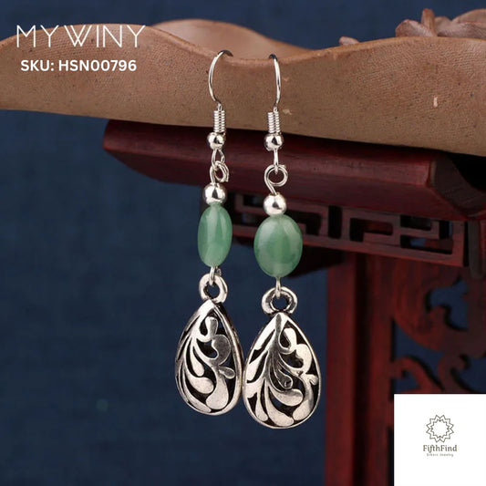 Green Gemstone & Silver Filigree Teardrop Earrings