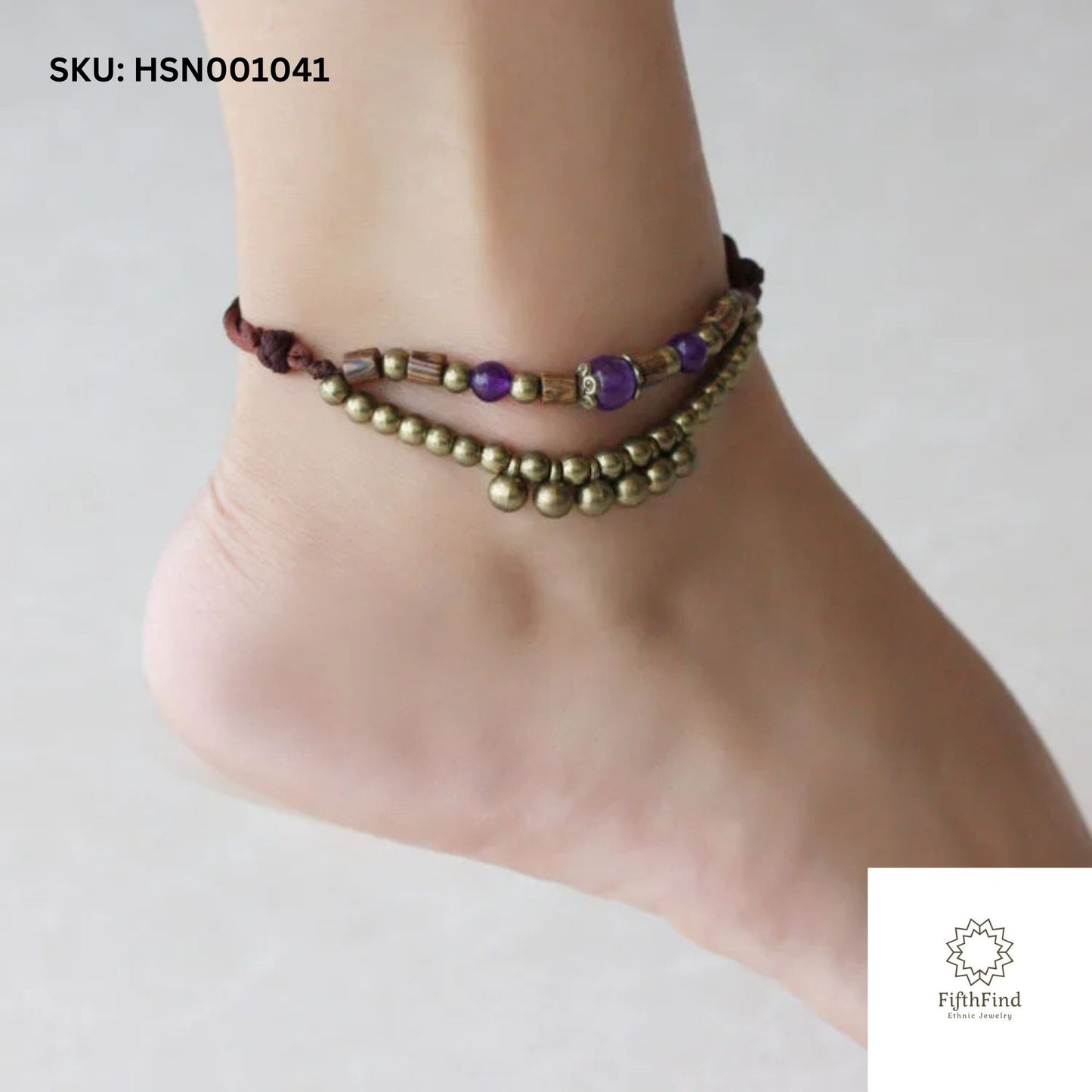 Boho Purple Beaded Anklet with Brass and Layered Design