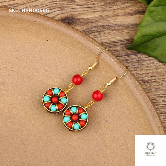 Turquoise Red Floral Mosaic Round Drop Earrings