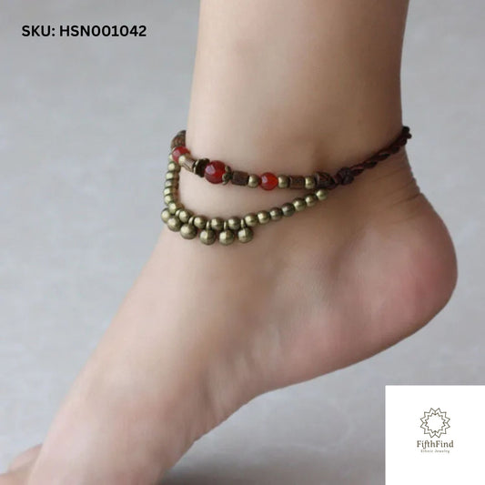 Boho Red Beaded Anklet with Brass and Layered Design