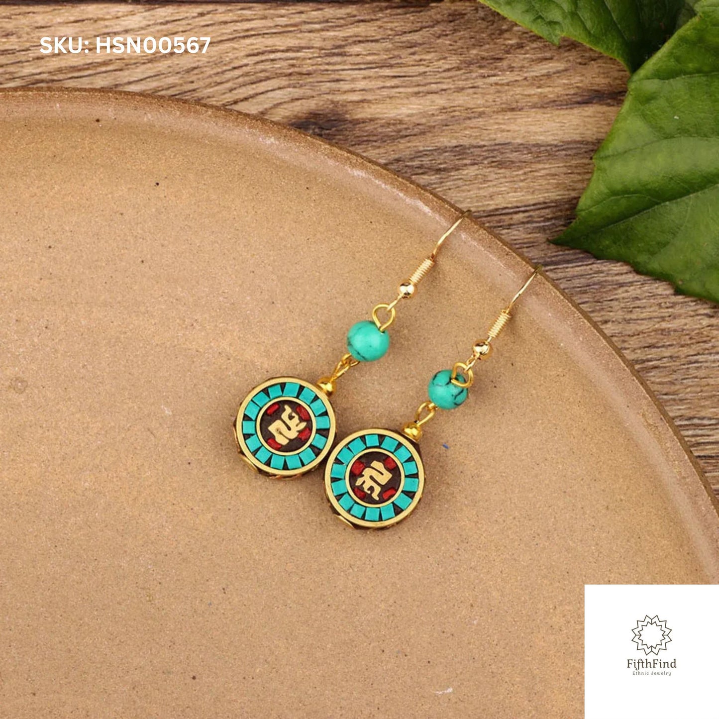 Turquoise Gold Swastika Round Drop Earrings