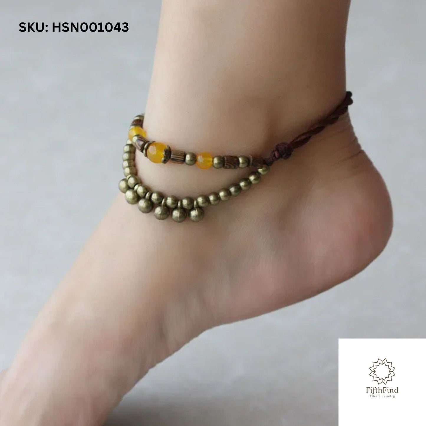 Boho Yellow Beaded Anklet with Brass Layered Design