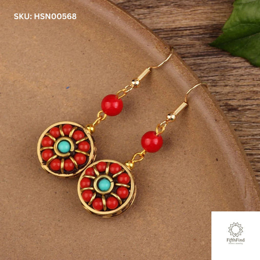 Red and Turquoise Round Drop Earrings with Gold Accent