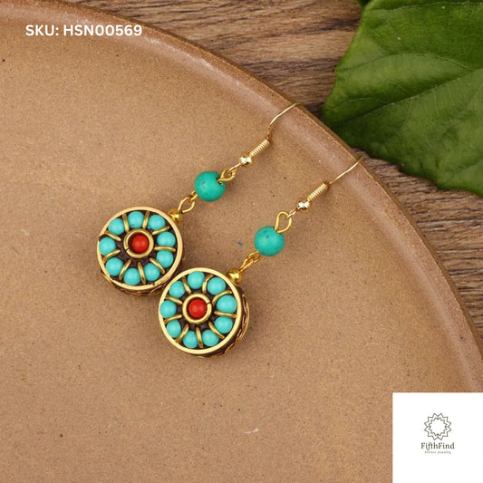 Turquoise and Red Round Drop Earrings with Gold Accents