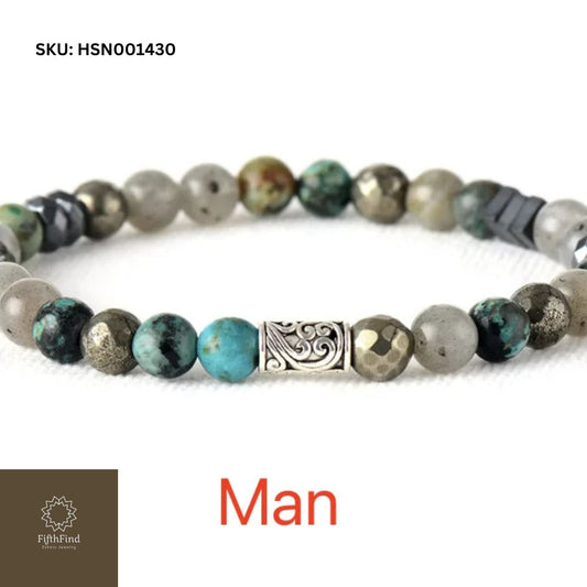 Men's Turquoise and Pyrite Beaded Bracelet – Rustic Boho Style