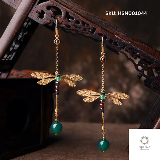 Golden Dragonfly Drop Earrings with Green Gemstone Beads