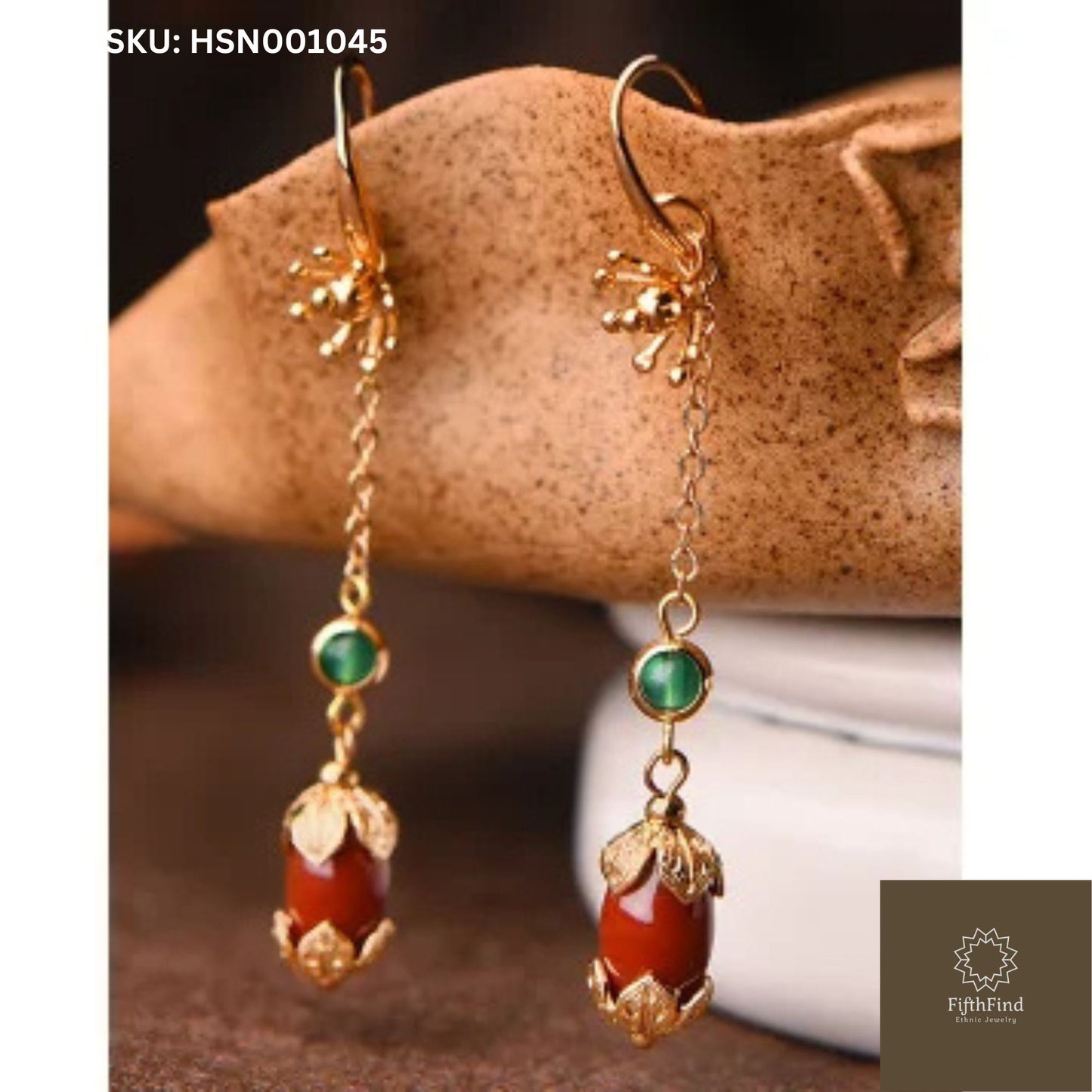 Elegant Golden Drop Earrings with Green and Red Gemstones