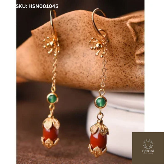 Elegant Golden Drop Earrings with Green and Red Gemstones