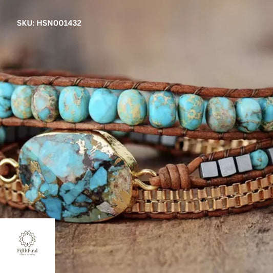 Turquoise Multi-Layer Wrap Bracelet with Gold Accents – Boho Chic Jewelry