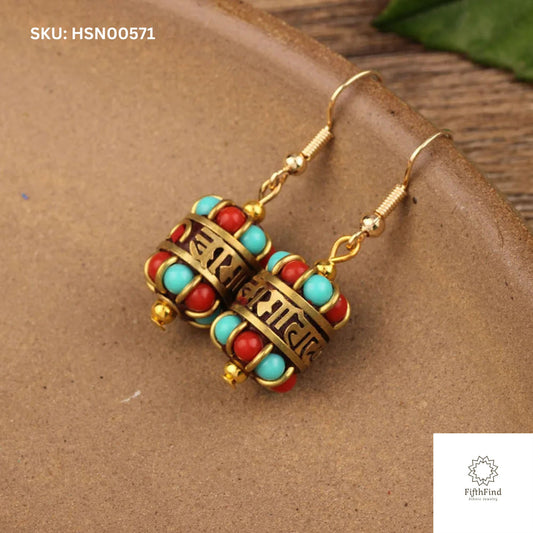 Turquoise Red Mantra Drop Earrings with Gold Details