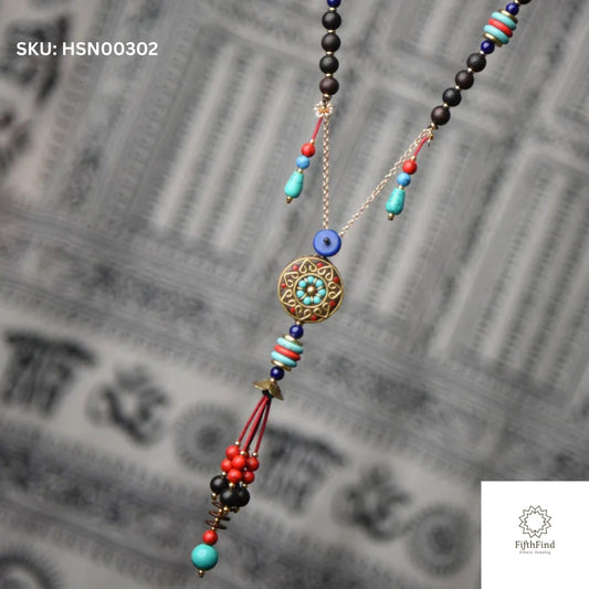 Ethnic Beaded Pendant Necklace with Tassels