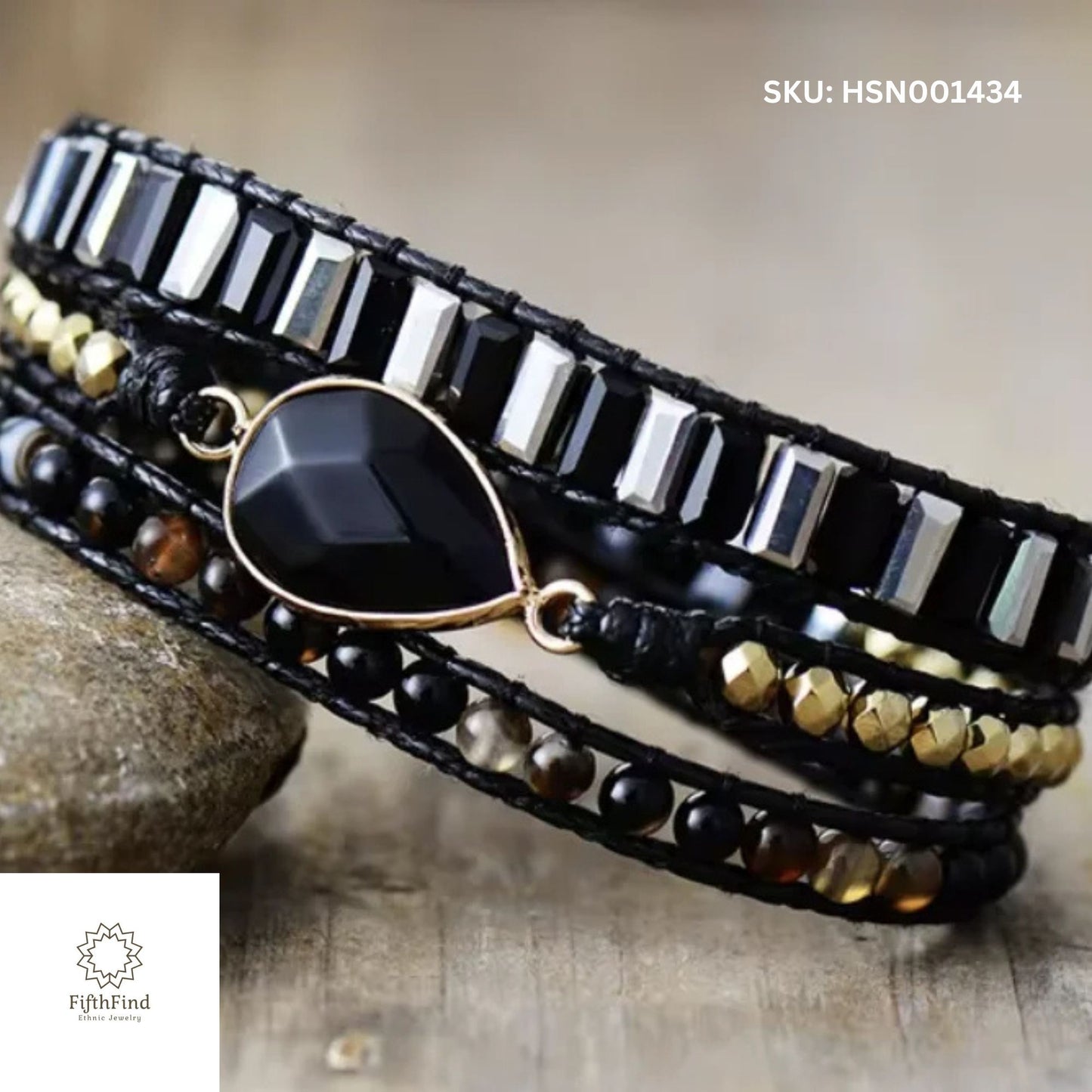 Black Gemstone Wrap Bracelet with Gold Accents