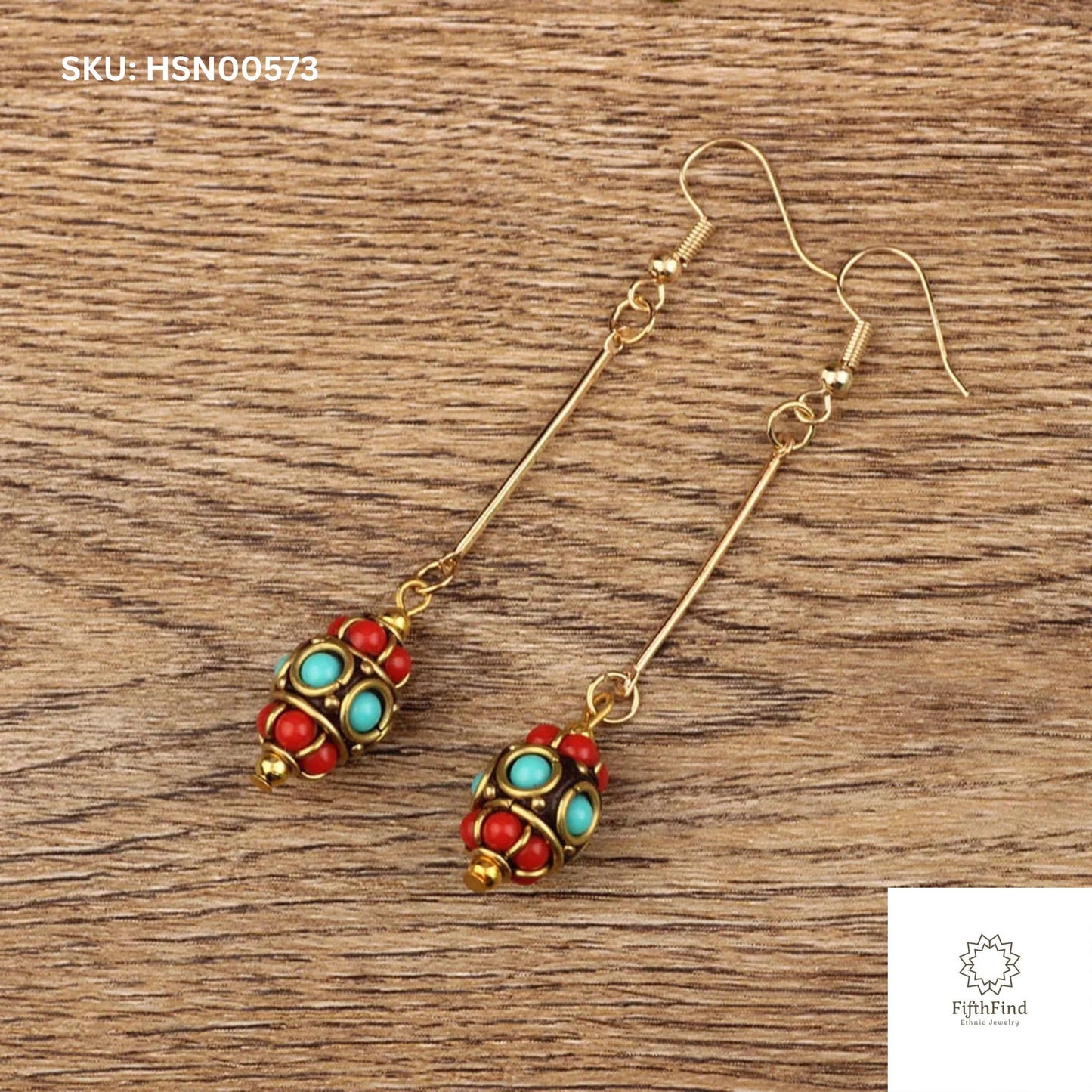 Long Gold Drop Earrings with Red and Turquoise Beads