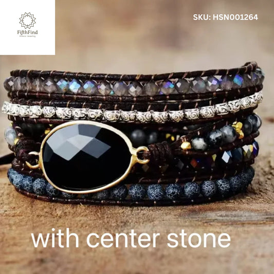 Black Gemstone Wrap Bracelet with Centerpiece