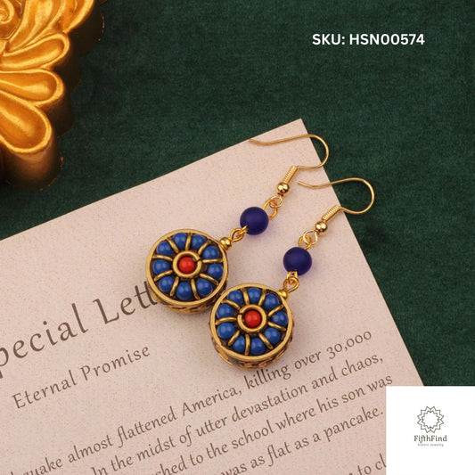 Blue and Red Beaded Gold Drop Earrings for Boho Chic Style