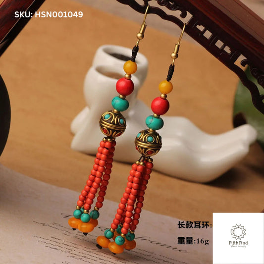 Ethnic Tassel Earrings with Vibrant Beads and Brass Accents