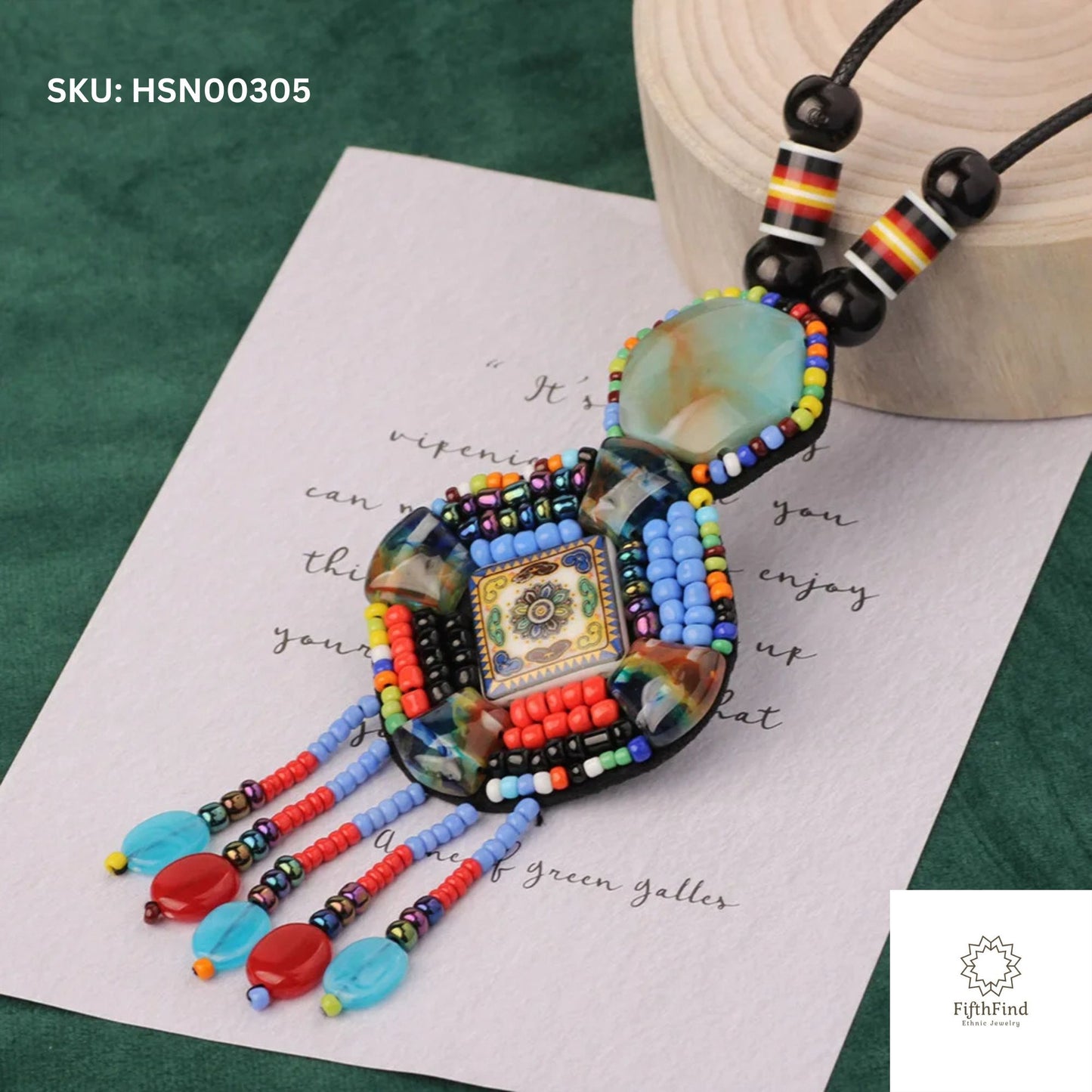 Colorful Beaded Tribal Necklace with Mosaic Pendant