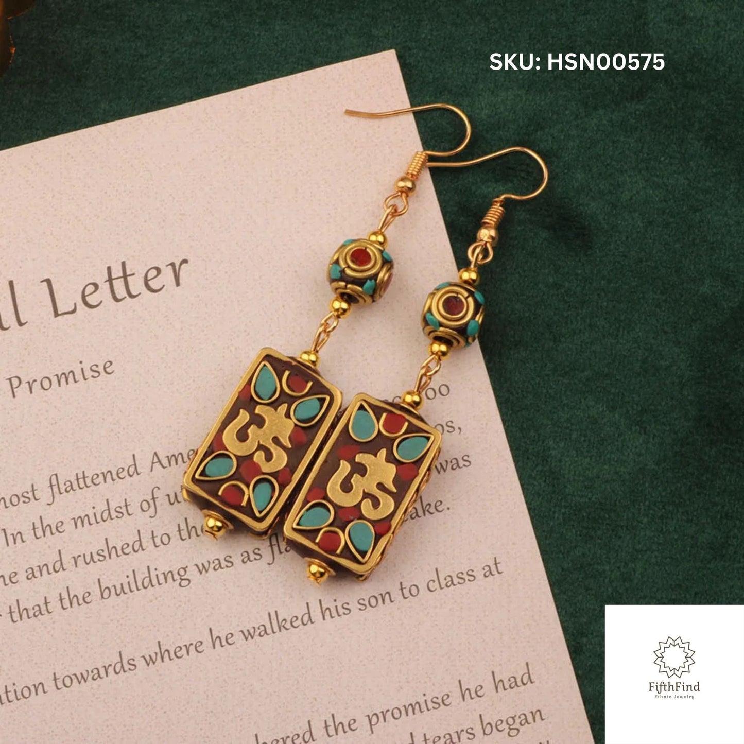 Rectangular OM Drop Earrings with Colorful Beads and Gold