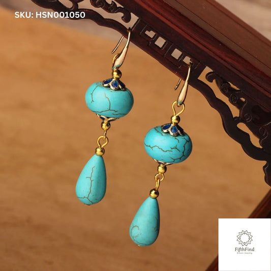 Elegant Turquoise Drop Earrings with Gold and Blue Accents