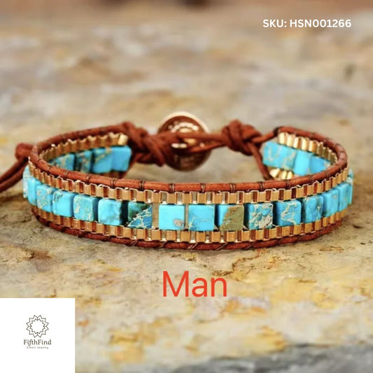 Turquoise Stone Bracelet for Men with Leather Cord