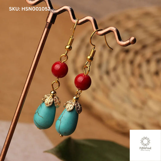 Red and Turquoise Boho Drop Earrings with Gold Accents