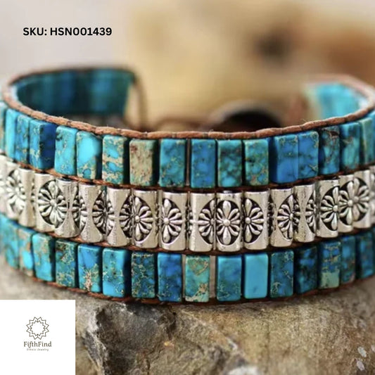 Turquoise Tile Cuff Bracelet with Silver Accents - Boho Style