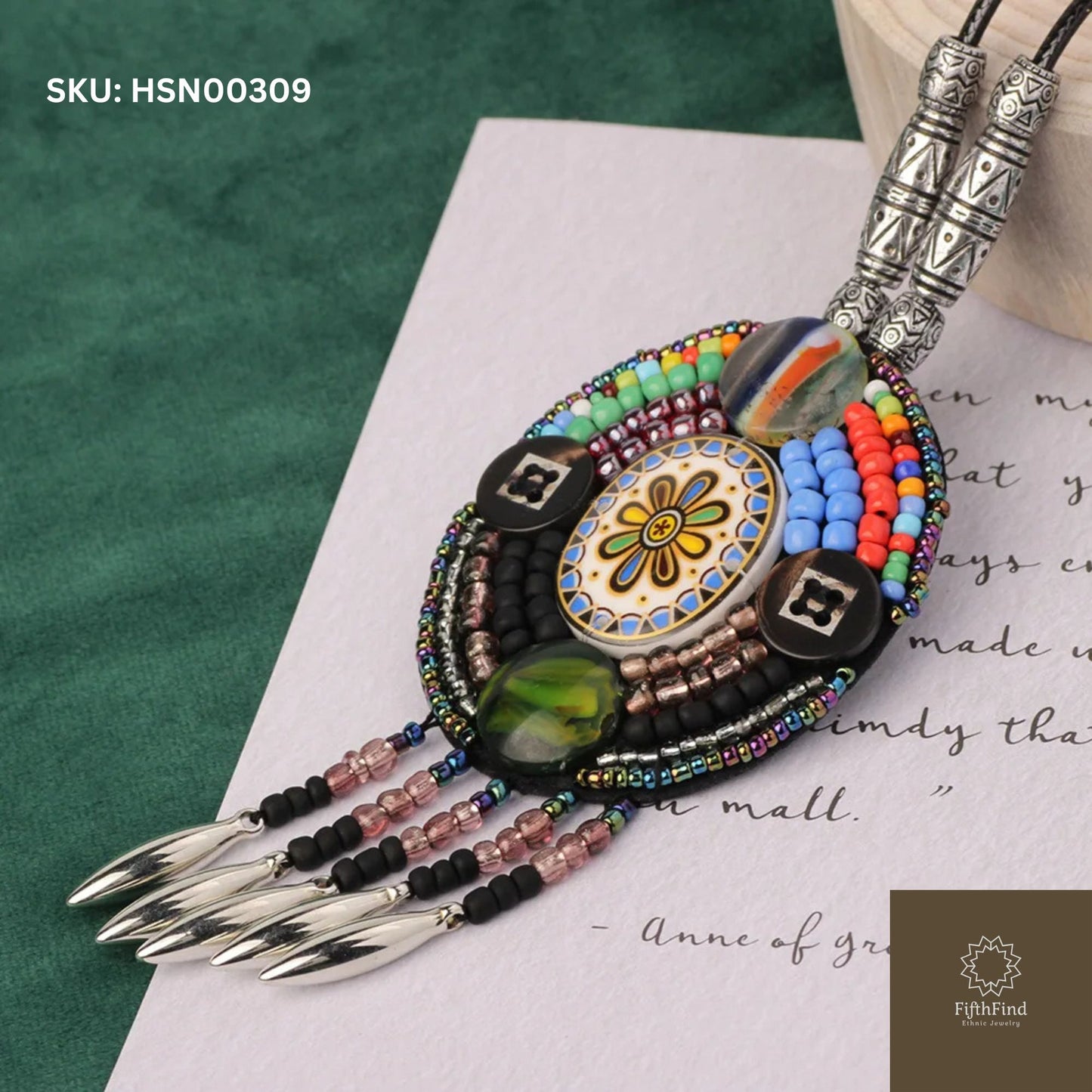 Colorful Oval Beaded Pendant with Tribal Fringe Accents