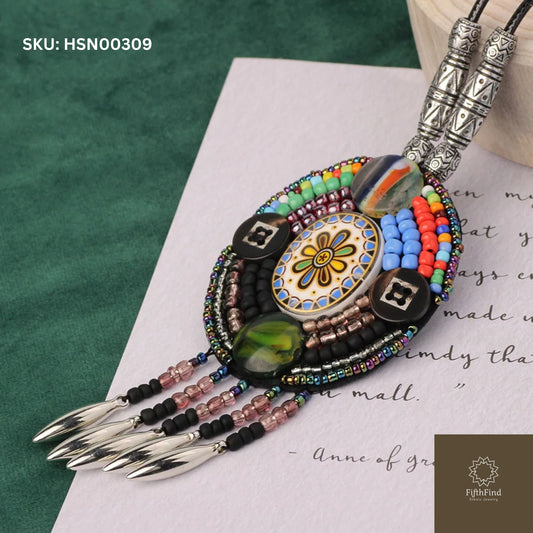 Colorful Oval Beaded Pendant with Tribal Fringe Accents