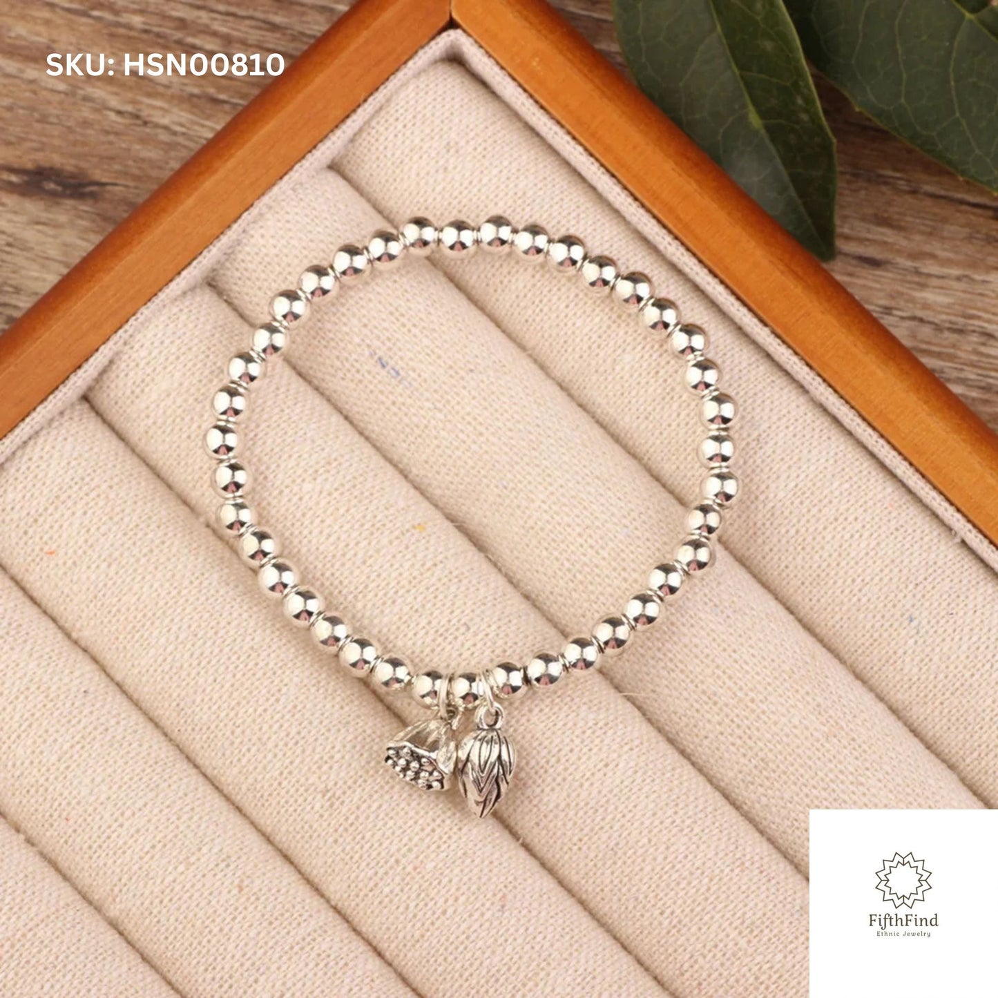 Silver Bead Bracelet with Leaf and Crystal Charms