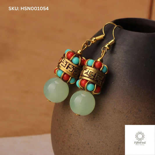 Ethnic Turquoise Red Drop Earrings with Gold Beads