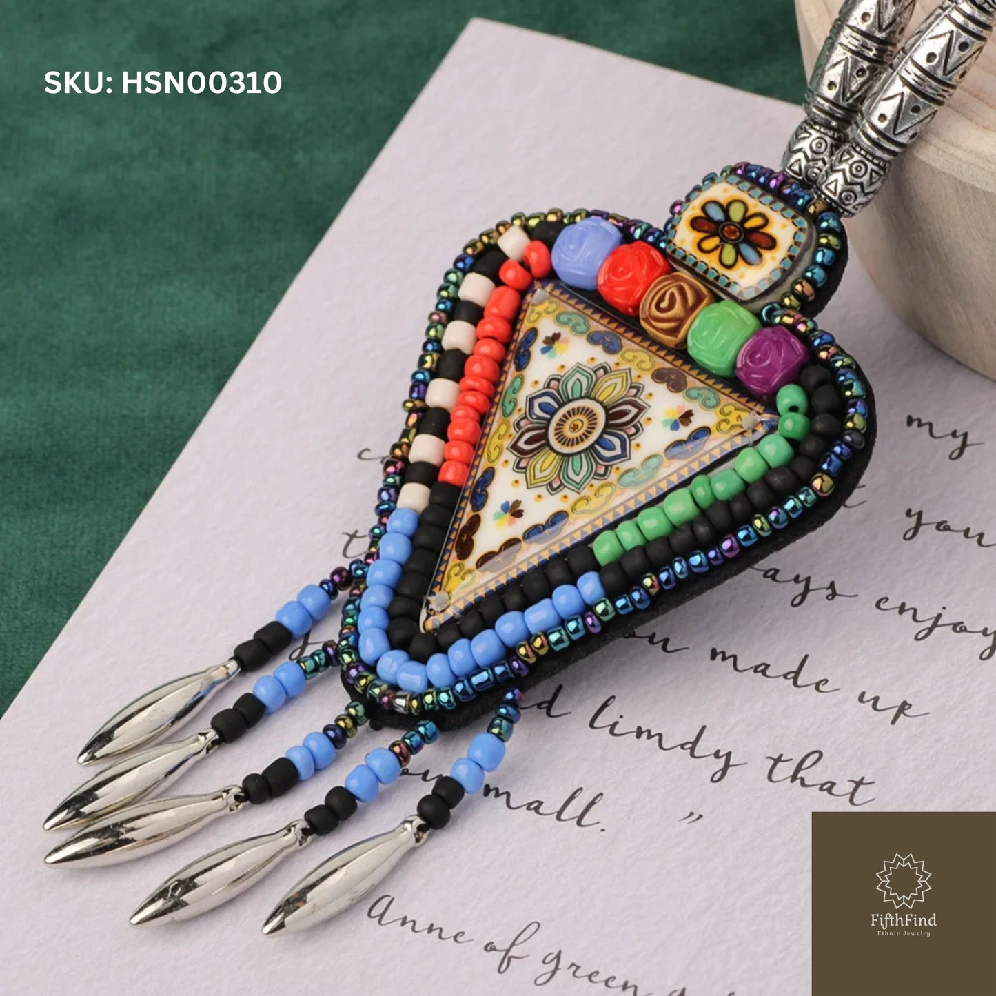 Colorful Triangle Pendant Necklace with Tribal Beads & Fringe