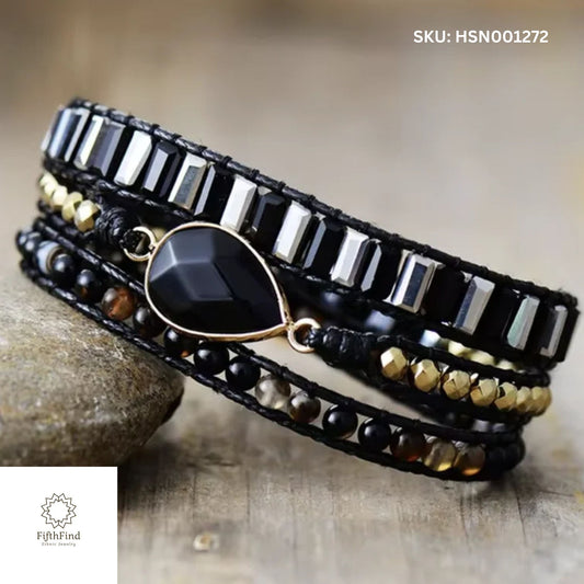 Black Gemstone Wrap Bracelet with Elegant Beaded Layers