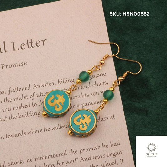 Gold Om Symbol Earrings with Green Beads