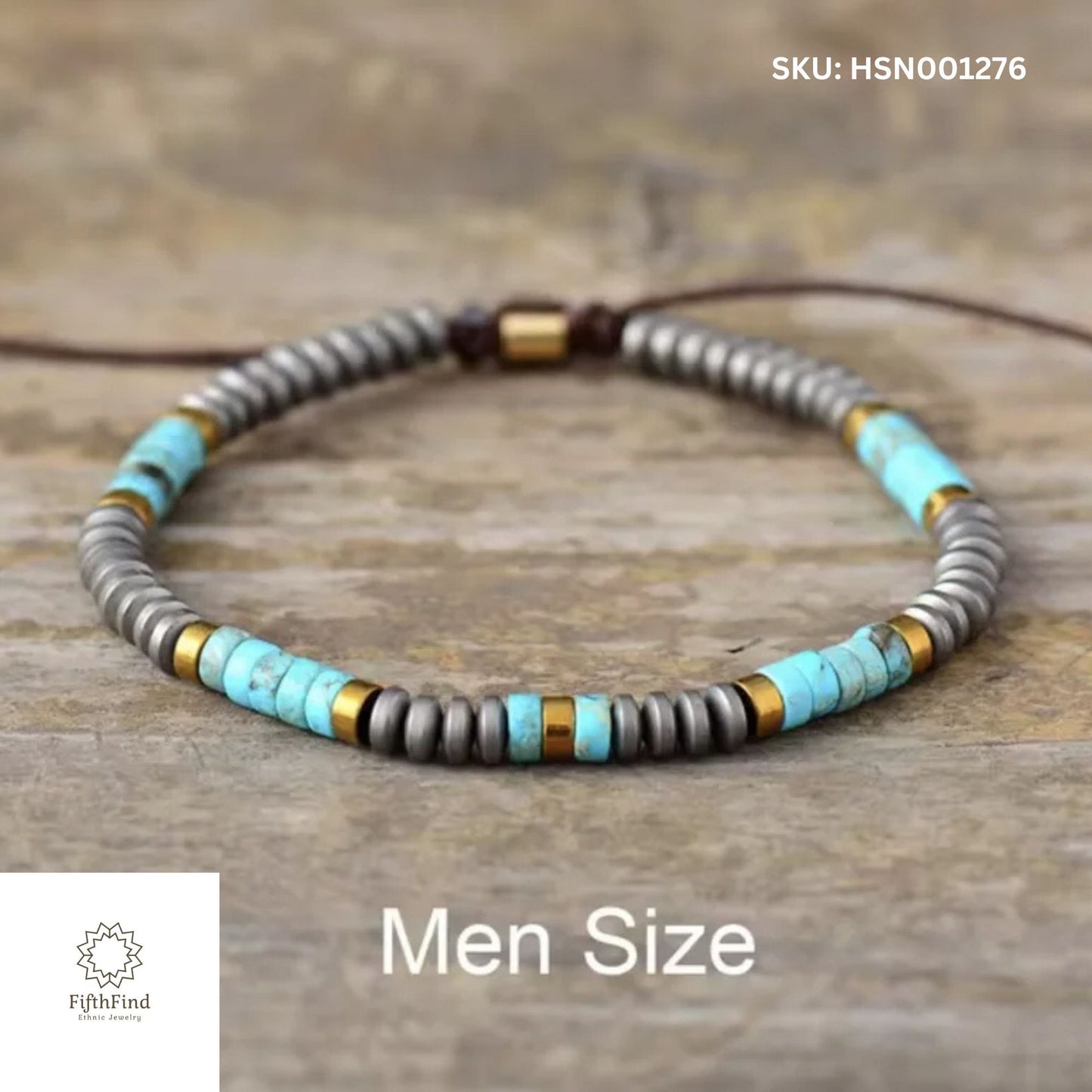 Men's Turquoise Beaded Bracelet with Gold Accents