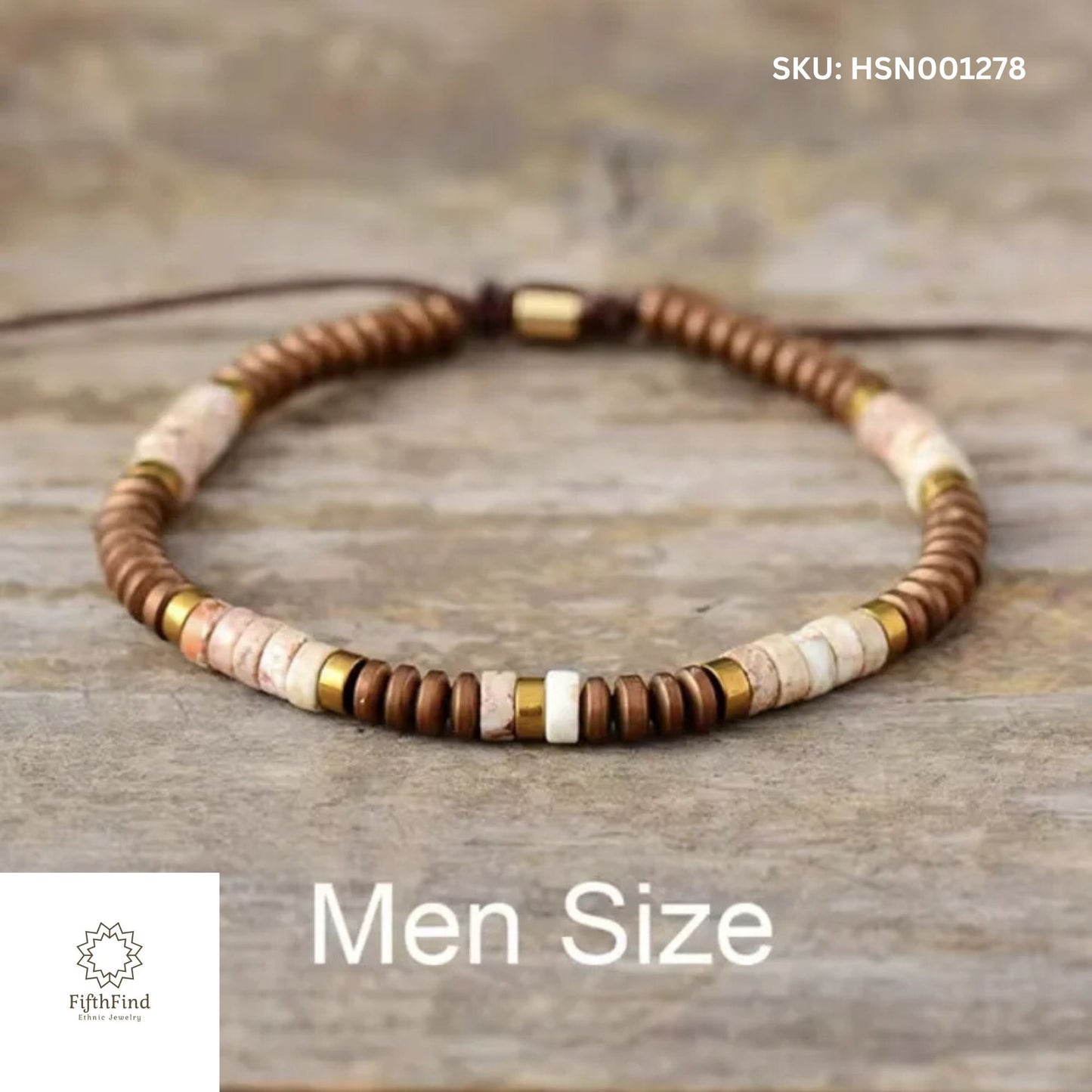 Men's Neutral Beaded Bracelet with Wood and Gold Accents