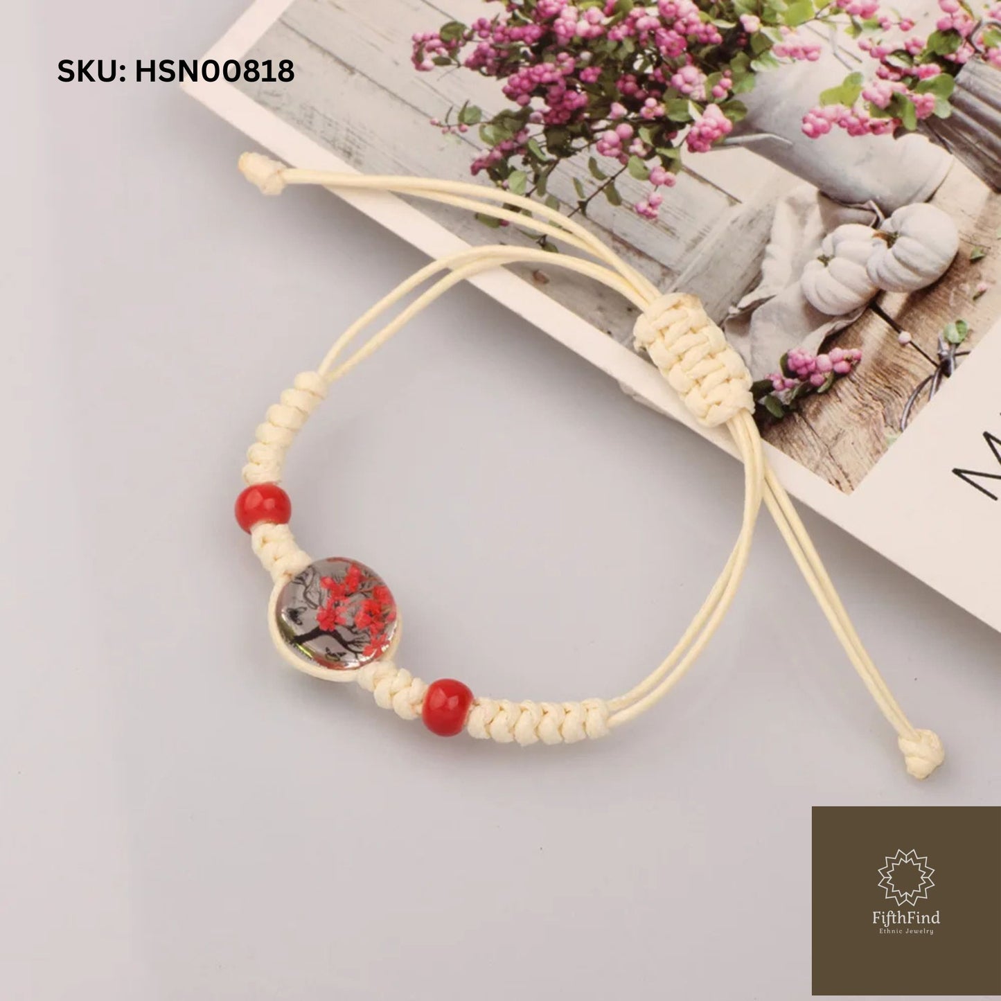 Red Flower Macrame Bracelet with Adjustable Ivory Cord