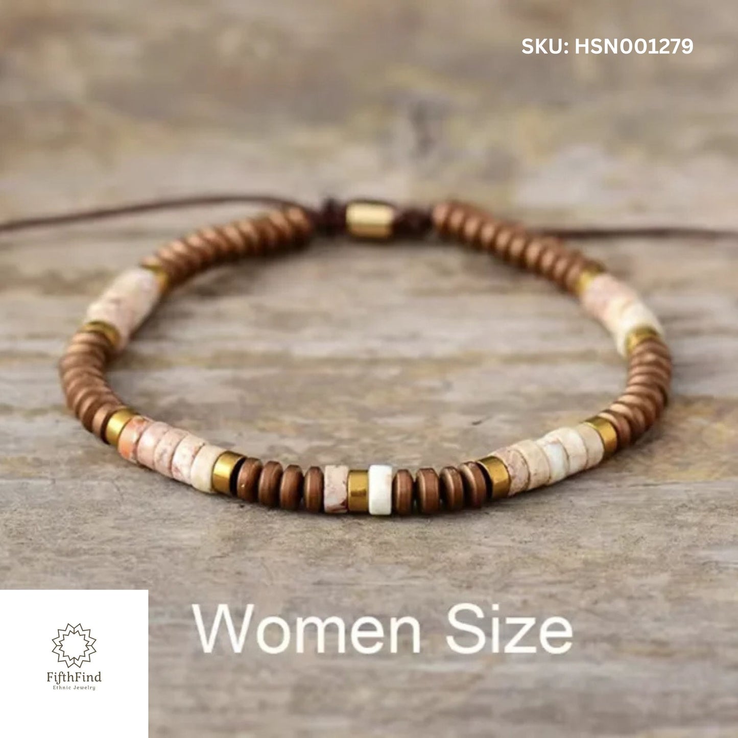 Women's Neutral Beaded Bracelet with Gold and Wood Accents