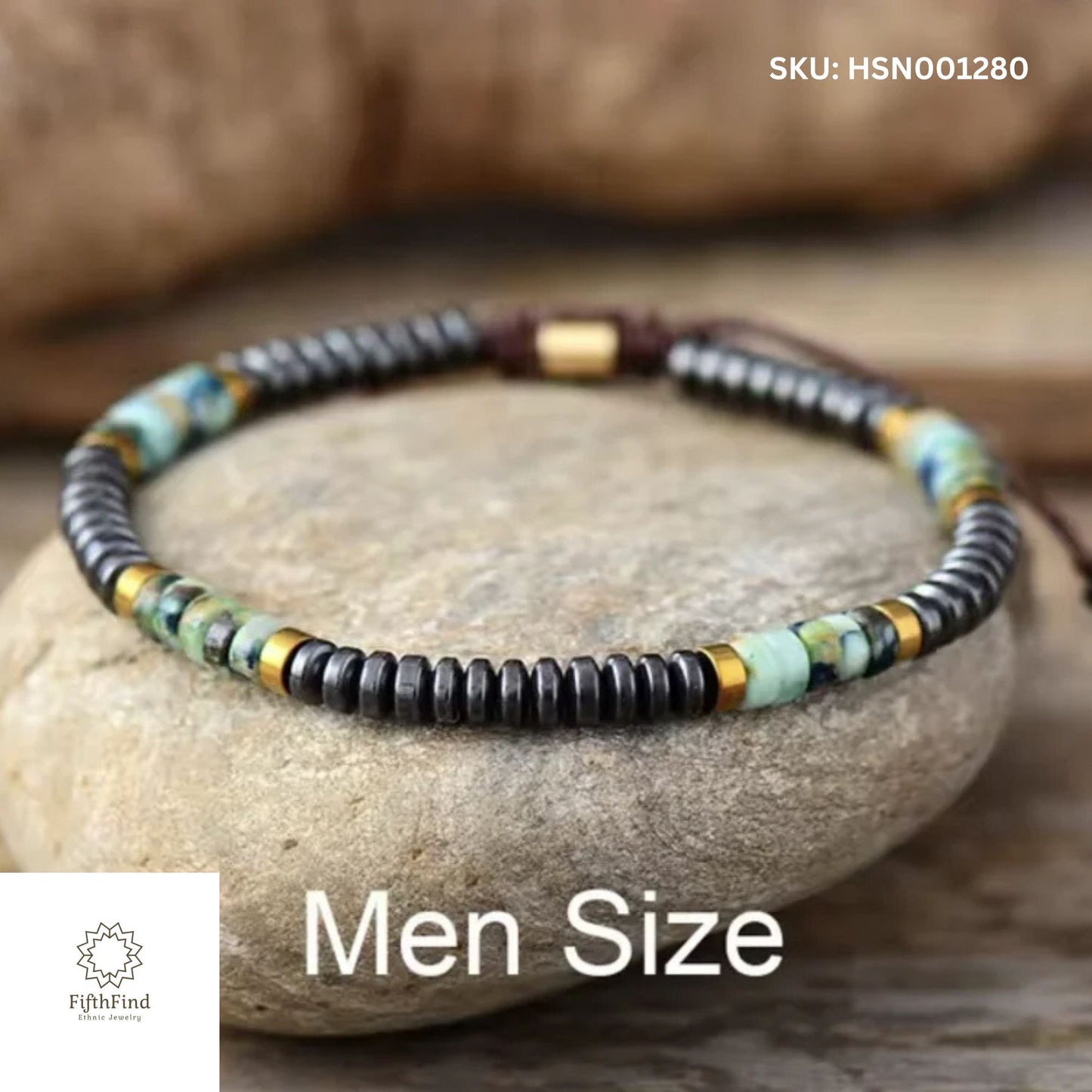 Men's Rustic Beaded Bracelet with Turquoise and Gold Accents