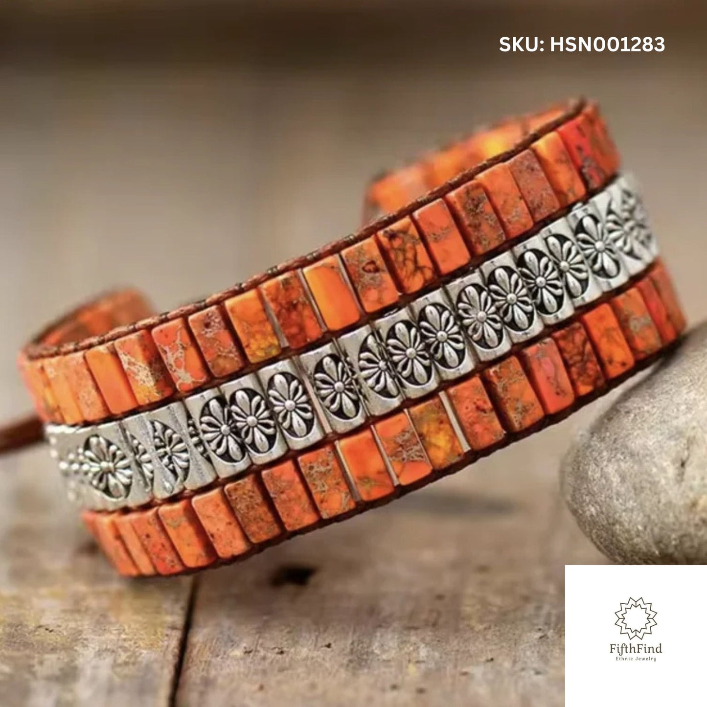 Boho Orange Tile Bracelet with Floral Silver Accents