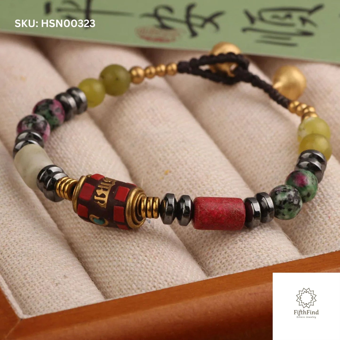 Ethnic Beaded Bracelet with Red Tibetan-Inspired Charm