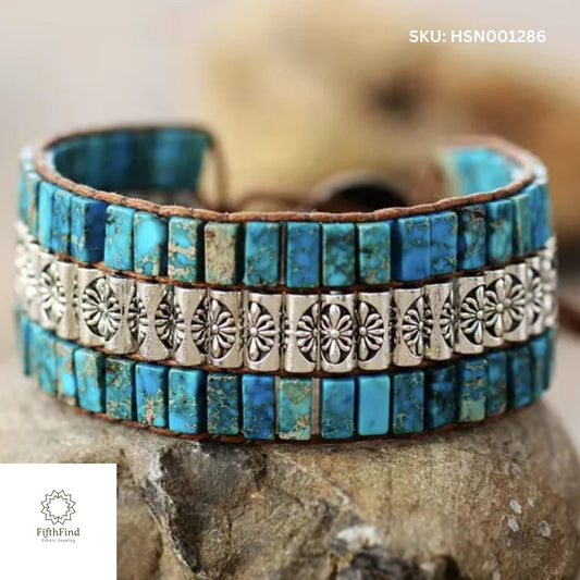 Turquoise Boho Tile Bracelet with Floral Silver Accents