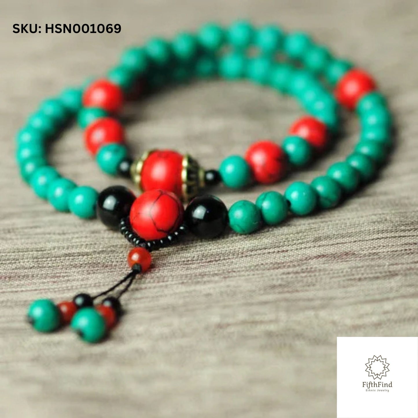 Red and Turquoise Beaded Mala Necklace