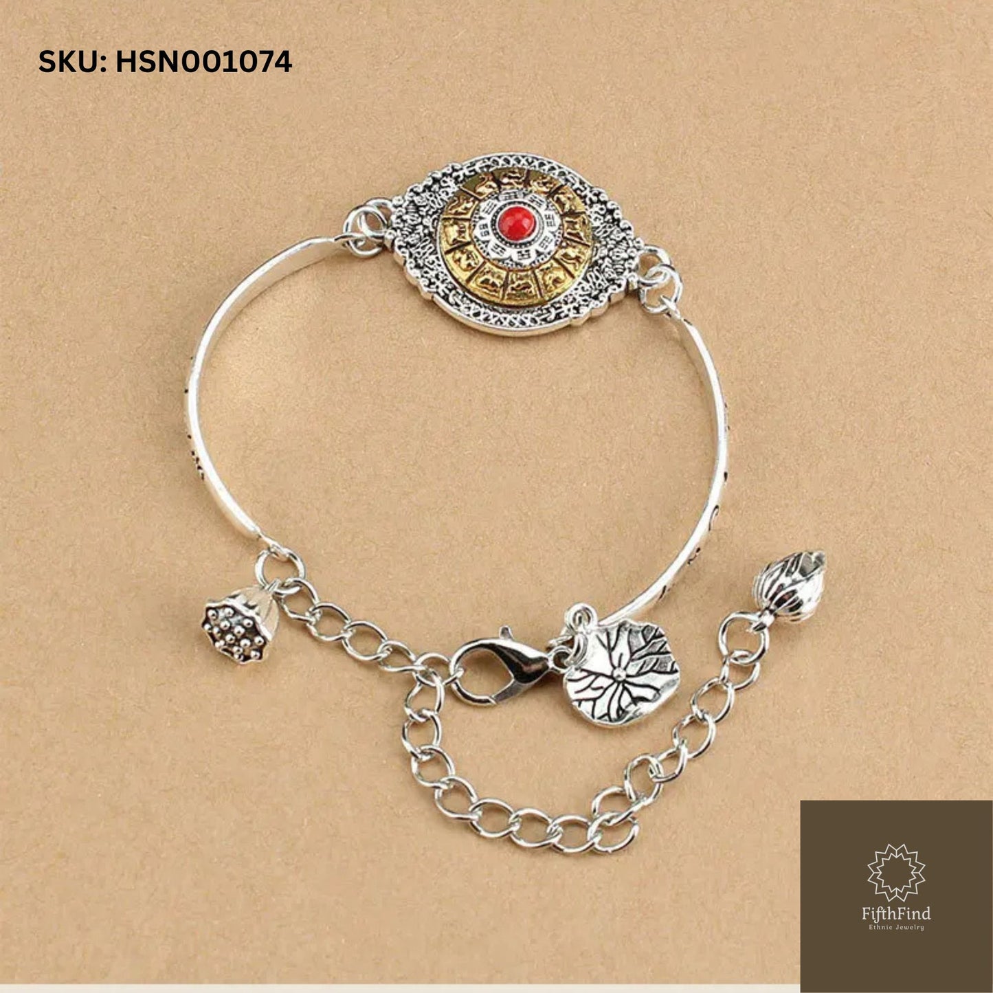 Silver Boho Charm Bracelet with Lotus and Red Gem