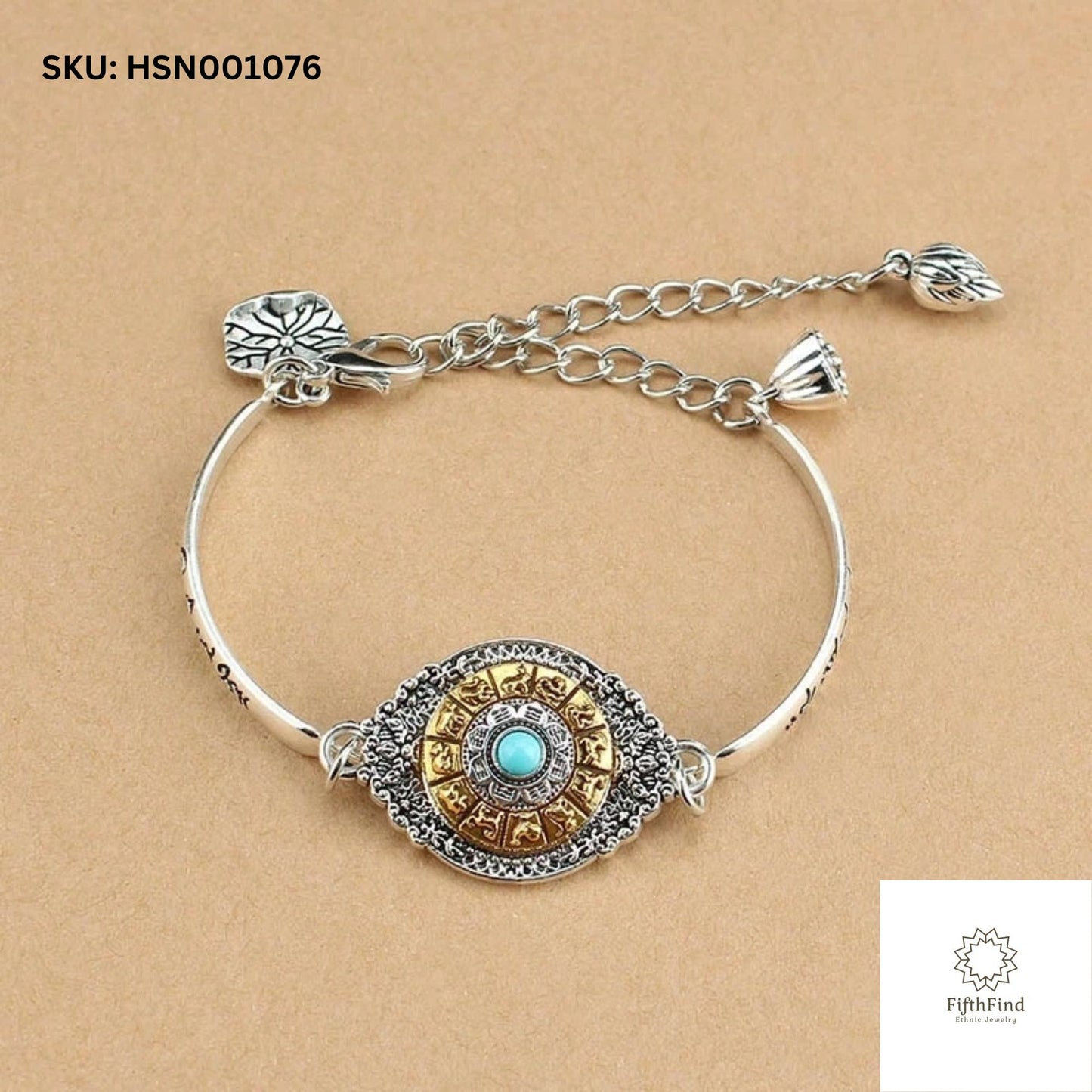 Silver Bangle Bracelet with Mandala Turquoise Accent