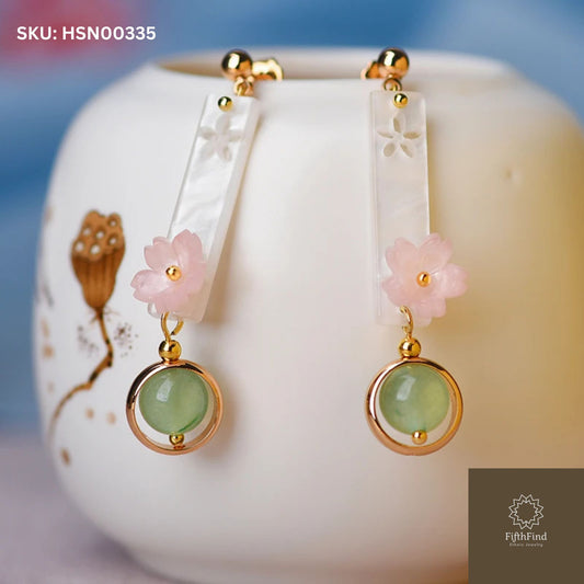 Elegant Floral Jade and Pink Crystal Dangle Earrings