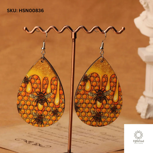 Honeycomb Bee Teardrop Earrings - Nature-Inspired Charm